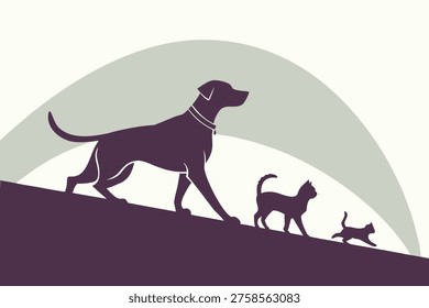 Pets moving together, uphill walking, animal family silhouette
