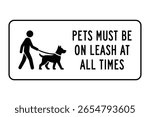 Pets Must Be on Leash at All Times Sign – Dog Walking Symbol – Leash Regulation Plate – Public Safety Notice – High Quality Vectorial Stock Image