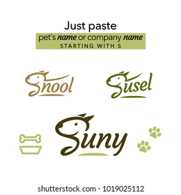 Pet's name or Company name logo template. Dog on a leash. Line hand drawn logo. Letter S. S-Dog. Name starting S.