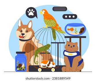 Pets near cages concept. Dog and cat, parrot. Care about domestic animals, veterinary shop. Poster or banner for website. Cartoon flat vector illustration isolated on white background