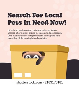 Pets in need near you, find local dogs and adopt. get companion now, looking for true loyal friend. Canine animal hiding in carton box. Friendly puppy showing paw. Vector in flat style illustration