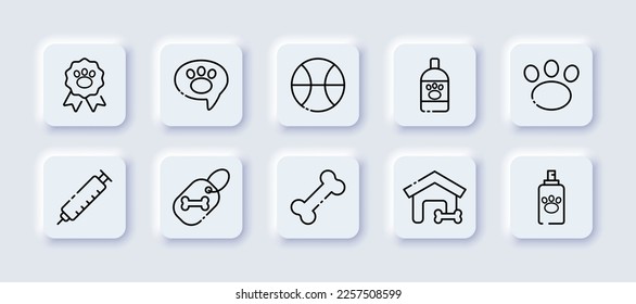 Pets neumorphic line icons set. Award, vaccination, animal show, booth, veterinary clinic, ball, toys, bottle, paw, tag, spray. animal concept. Vector neumorphic black line icons set