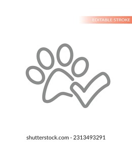 Pets ok, allowed and approved line vector icon. Dog paw print and checkmark, pet outline symbol.