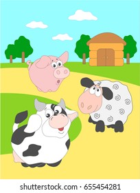 Pets on the path. A cow, a pig and a sheep for a walk. Farm among the trees. Child illustration. Funny characters. Flat-style. Vector.