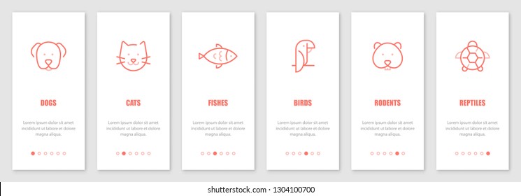 Pets onboarding screens design. Template for mobile apps and website. Vector illustration.