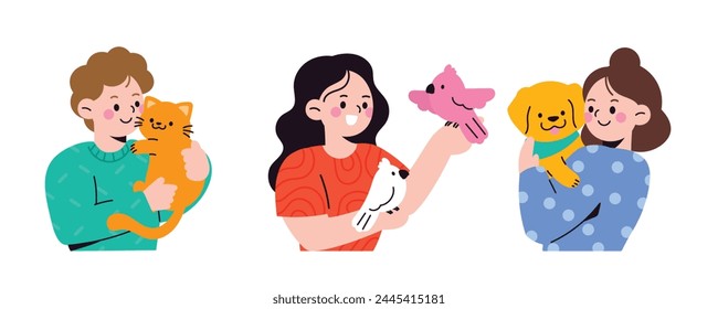 Juego de Vectores de carácter animal para mascotas y Propietarias. Dibujado a mano animal amistoso y diseño de la gente del hombre que sostiene el gato, las mujeres y el pájaro, perro del loro, golden retriever. Feliz día nacional de la mascota personaje de ilustración