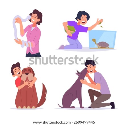 Pets owners. Cat and dogs playing with happy owners hugging jumping exact vector cartoon characters