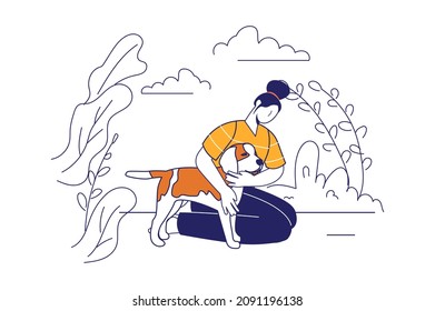 Pets with owners concept in flat line design for web banner. Woman hugging dog on walk in park. Friendly relations and animals caring modern people scene. Vector illustration in outline graphic style