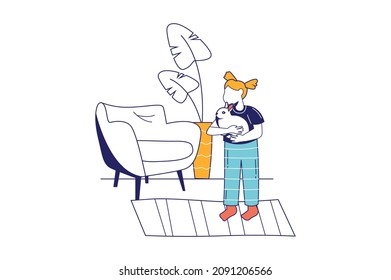 Pets with owners concept in flat line design for web banner. Little girl hugs domestic rabbit. Friendly relations and animals caring modern people scene. Vector illustration in outline graphic style