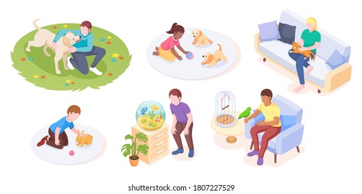 Pets and owners play and care daily life, vector isometric set. Woman cuddles cat on sofa, girl playing with puppies and man walking dog in park, rabbit, parrot and aquarium fishes, pets animals