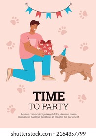 Pets party banner or invitation card template. Domestic animal birthday celebration save a date card or poster design, flat cartoon vector illustration.