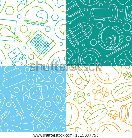 Pets pattern. Veterinary clinic icon small domestic friends dogs cats fish vector seamless background