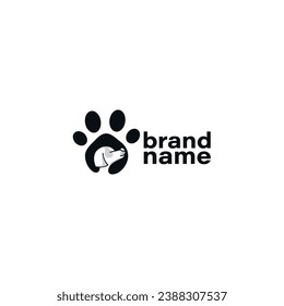 Pet's paw in black and white style logotype with doggy inside, associate with animals, vet clinics,zoo markets and other