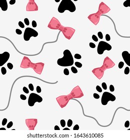 Pets paw pattern. Toys for cats and animal footsteps seamless texture. Pet store vector background. Feline footprints