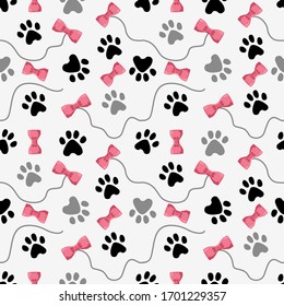 Pets paw pattern. Toys for cats and animal footsteps seamless texture. Pet store vector background. Feline footprints