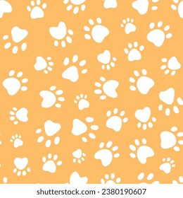 Pets paw prints seamless pattern on yelow background for wallaper, textile prints, pet shop packaging, backgrounds, etc. EPS 10