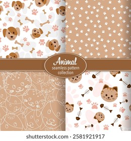 Pets and paw seamless pattern collection. Hand drawn seamless pattern with cute pets: dogs, cats and paws. Vector eps 10