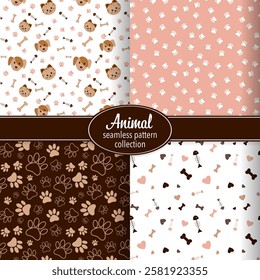 Pets and paw seamless pattern collection. Hand drawn seamless pattern with cute pets: dogs, cats and paws. Vector eps 10