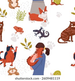 Pets with people, seamless pattern, hand drawn vector illustration vector illustration.