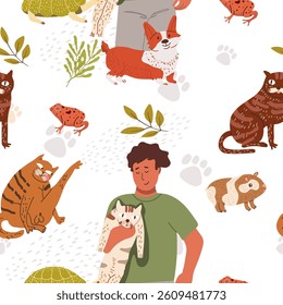 Pets with people, seamless pattern, hand drawn vector illustration vector illustration.