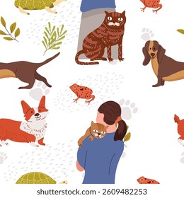 Pets with people, seamless pattern, hand drawn vector illustration vector illustration.