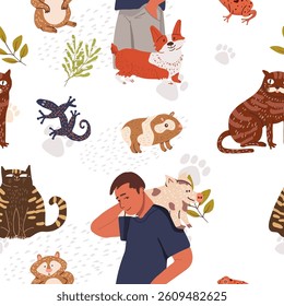 Pets with people, seamless pattern, hand drawn vector illustration vector illustration.