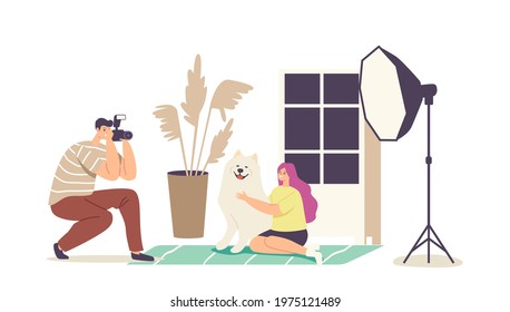 Pets Photography Concept. Photographer Male Character Make Photo of Girl with Thoroughbred Dog in Professional Studio with Light Equipment. Domestic Animal Photo Session. Cartoon Vector Illustration