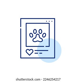 Pets pictures on social media. Paw and likes. Pixel perfect, editable stroke line icon