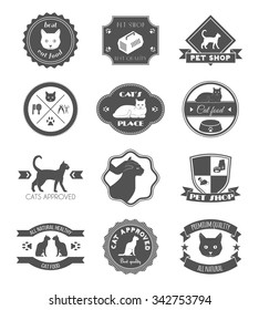 Pets place healthy food black symbols labels collection for premium quality products poster abstract isolated vector illustration