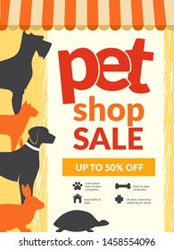 Pets poster. Placard domestic animals cats dogs kitten icons typography wallpaper for pets shop vector design. Pet shop sale banner poster illustration