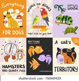 Pets posters and banners set with reptiles, fishes, stuffs for dog, cat, birds, rodents isolated vector illustration