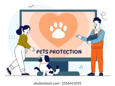 Pets protection online. Man and woman with cat and dog near computer. Generosity and charity. Activists and volunteers with domestic animals. Linear vector illustration isolated on white background