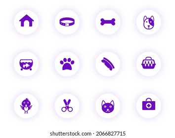 pets purple color vector icons on light round buttons with purple shadow. pets icon set for web, mobile apps, ui design and print