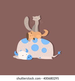 Pets Pyramid Funny Flat Vector Illustration In Creative Applique Style 