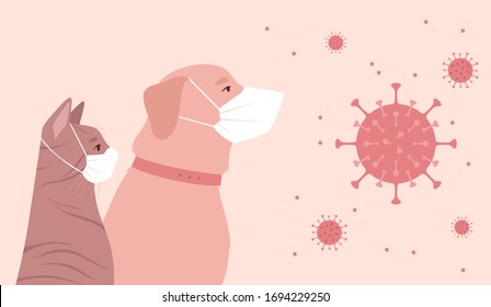 Pets quarantined due to COVID-2019 coronavirus. Cat and dog in medical masks next to a flying virus