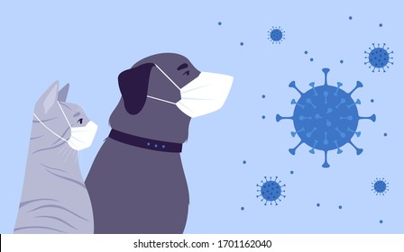 Pets quarantined due to COVID-2019 coronavirus. Cat and dog in medical masks next to a flying virus