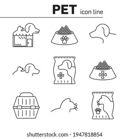 Conjunto de iconos relacionados con mascotas. Iconos lineales de perro-gato sobre fondo blanco. Ilustración vectorial de línea técnica. Veterinario de mascotas en casa. Conjunto de líneas editable