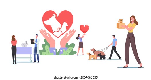Pets Rescue and Protection Concept. Characters Care of Animals, People Adopt Cats, Dogs or Rabbits, Visit Veterinary Clinic, Pets Support, Shelter Adoption and Aid. Cartoon Vector Illustration