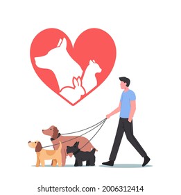 Pets Rescue and Protection Concept. Male Character Walking with Adopted Dogs Team. Leisure, Communication, Love and Care of Animals. People Adopt Cats, Dogs or Rabbits. Cartoon Vector Illustration