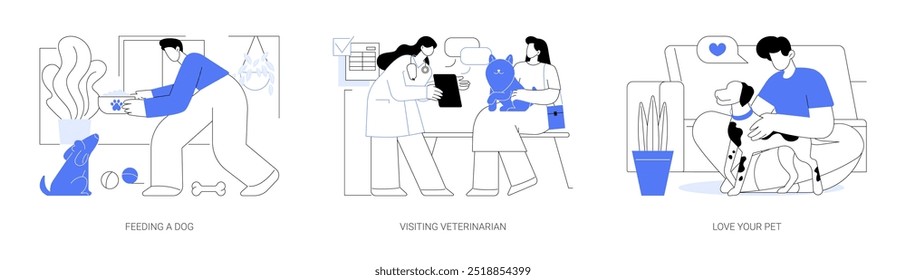 Pets routine isolated cartoon vector illustrations set. Feeding a dog, daily chores, visiting veterinarian, make a diagnosis, love your pet, having a friend, person hugging animal vector cartoon.