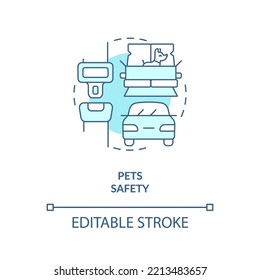 Pets safety while traveling turquoise concept icon. Domestic animal seat belts abstract idea thin line illustration. Isolated outline drawing. Editable stroke. Arial, Myriad Pro-Bold fonts used