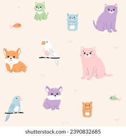 Patrón de mascotas sin fisuras. Un gato lindo, un perro, un martillo. Animales domésticos para bebés. Cachorros, gatitos, loro, peces de fondo beige. Ilustración infantil vectorial. 