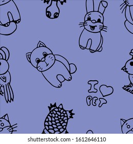 Pets seamless pattern on blue background.