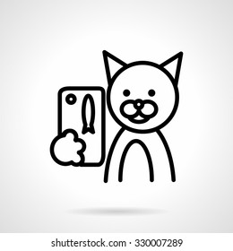 Pets selfie concept. Cat with phone taking photo. Black simple line vector icon. Web design elements for business and site. 
