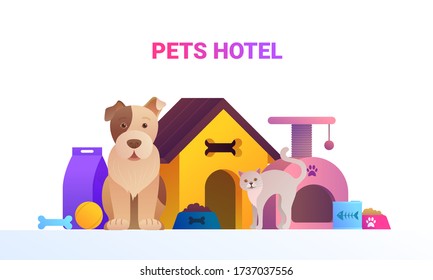 Pets service cartoon banner. Welcome to animal store concept with cute dog and cat. Pet hotel, shop or veterinary clinic vector illustration. Comfortable booth, toys and meals for animals