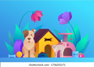 Pets Service Cartoon Landing Page Design. Welcome To Animal Store Concept With Cute Dog And Cat. Pet Hotel, Shop Or Veterinary Clinic Vector Illustration. Comfortable Booth, Toys And Meals For Animals