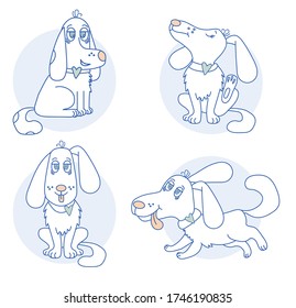 Pets set - Dogs collection. Vector illustration of funny cartoon dogs. Playful white with a heart runs and sits, scratches her ear, stuck out her tongue. Isolated on white.