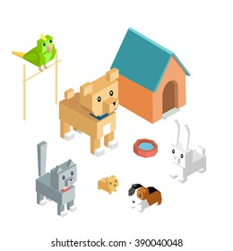 Pets set icon isometric 3d design. Dog and cat, animal group of pets, puppy animal, kitten character, nature domestic pets, fauna hamster parrot and rabbit, guinea pig vector illustration