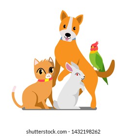pets set isolated on white, cat dog parrot rabbit, cartoon vector illustration, domesticated animals