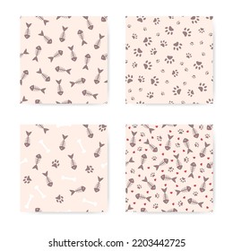 Pets set of seamless patterns with cat paw prints, fish skeleton and bone